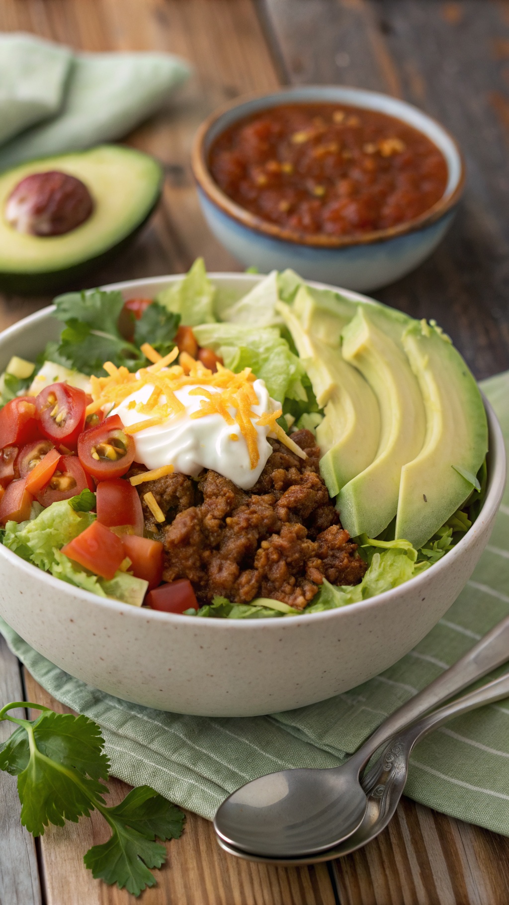 A vibrant high protein taco bowl with ground meat, lettuce, avocado, tomatoes, cheese, and sour cream on a wooden table.